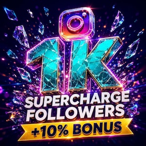 Op de afbeelding: Een digitale afbeelding met de tekst 1K en daarboven een gestileerd Instagram-icoon. Daaronder staat de tekst SUPERCHARGE FOLLOWERS en +10% BONUS op een gouden banner. Het ontwerp gebruikt een levendig blauw en paars kleurenpalet met kristallen.