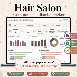 Puede incluir: Un rastreador digital de comentarios de clientes para peluquerías mostrado en una pantalla de portátil, con un panel de control que incluye gráficos, métricas y visualizaciones de datos. Incluye iconos de Google Form, Sheets Tracker y 2 guías PDF.