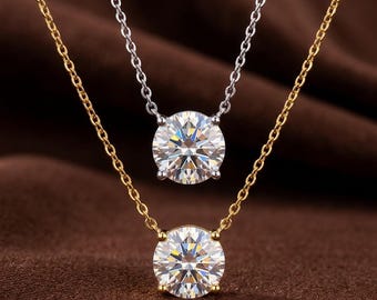 Solitaire Moissanite Pendant Necklace, Round Moissanite Necklace 4mm to 11mm, Dainty Gold Plated 4 Prong Necklace for Women, Birthday Gift