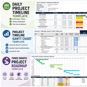 Könnte beinhalten: Ein digitales Projektmanagement-Vorlagenset mit drei verschiedenen Layouts: ein täglicher Projektzeitplan, ein Gantt-Diagramm für Projektzeitpläne und eine dreimonatige Projekt-Roadmap, jeweils mit Aufgabenlisten und Statusanzeigen.