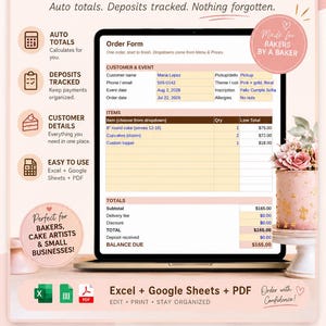 Formulario de pedido de pasteles y sistema de seguimiento de pedidos para panadería casera, formulario de pedido editable con totales automáticos, compatible con Excel y Google Sheets, además de un PDF imprimible.