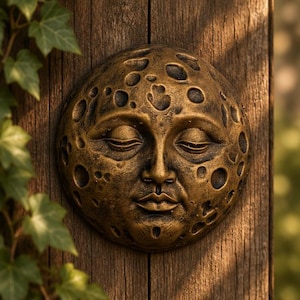 May include: A circular wall plaque featuring a sculpted moon face with closed eyes and a serene expression. The surface is textured with numerous craters and indentations, finished in a metallic bronze tone with dark antiqued highlights.