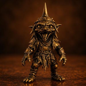 May include: A bronze-coloured goblin figurine wearing a spiked helmet and tattered armour. The creature has large eyes, a wide open mouth with visible teeth, pointed ears, and clawed hands and feet, all rendered with a metallic, weathered finish.