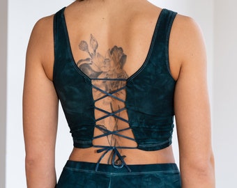 Deep Emerald Lace Up Crop Top Open back Yoga Tank