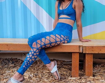 Cerulean Blue Braided Yoga leggings Hand Dyed