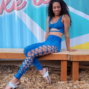 Cerulean Blue Braided Yoga leggings Hand Dyed