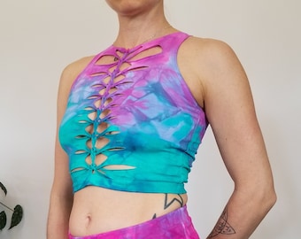 Cotton Candy Crop top Hand dyed Yoga Slit weave Fire hula hoop