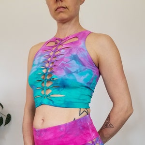 Cotton Candy Crop top Hand dyed Yoga Slit weave Fire hula hoop