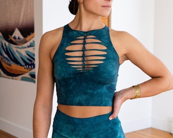 Teal Shiva Crop top Tinto a mano Yoga Fessura tessere Fire hula hoop