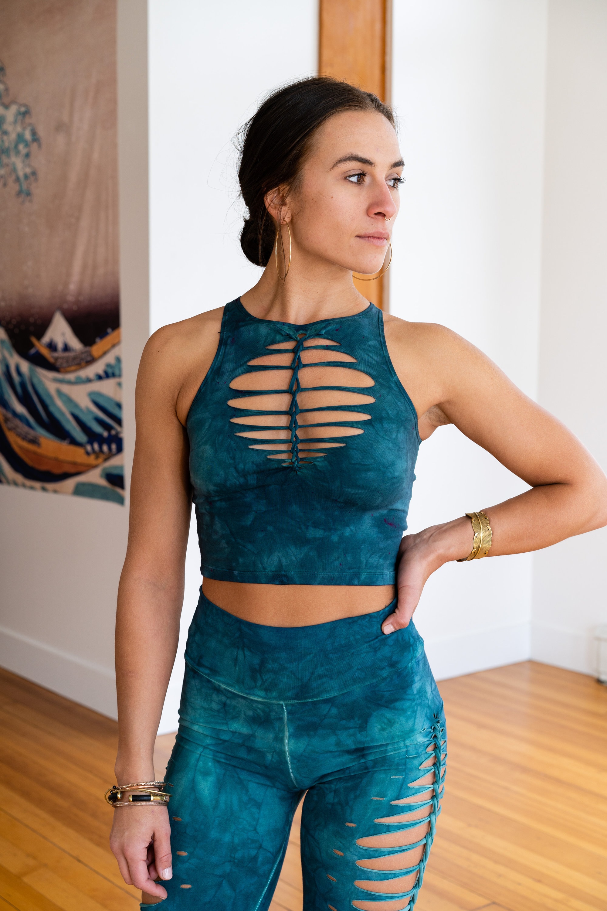 Teal Shiva Crop Top Hand Dyed Yoga Slit Weave Fire Hula Hoop 