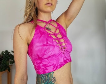 Dragon Fruit Crop top Hand dyed Yoga Slit weave Fire hula hoop