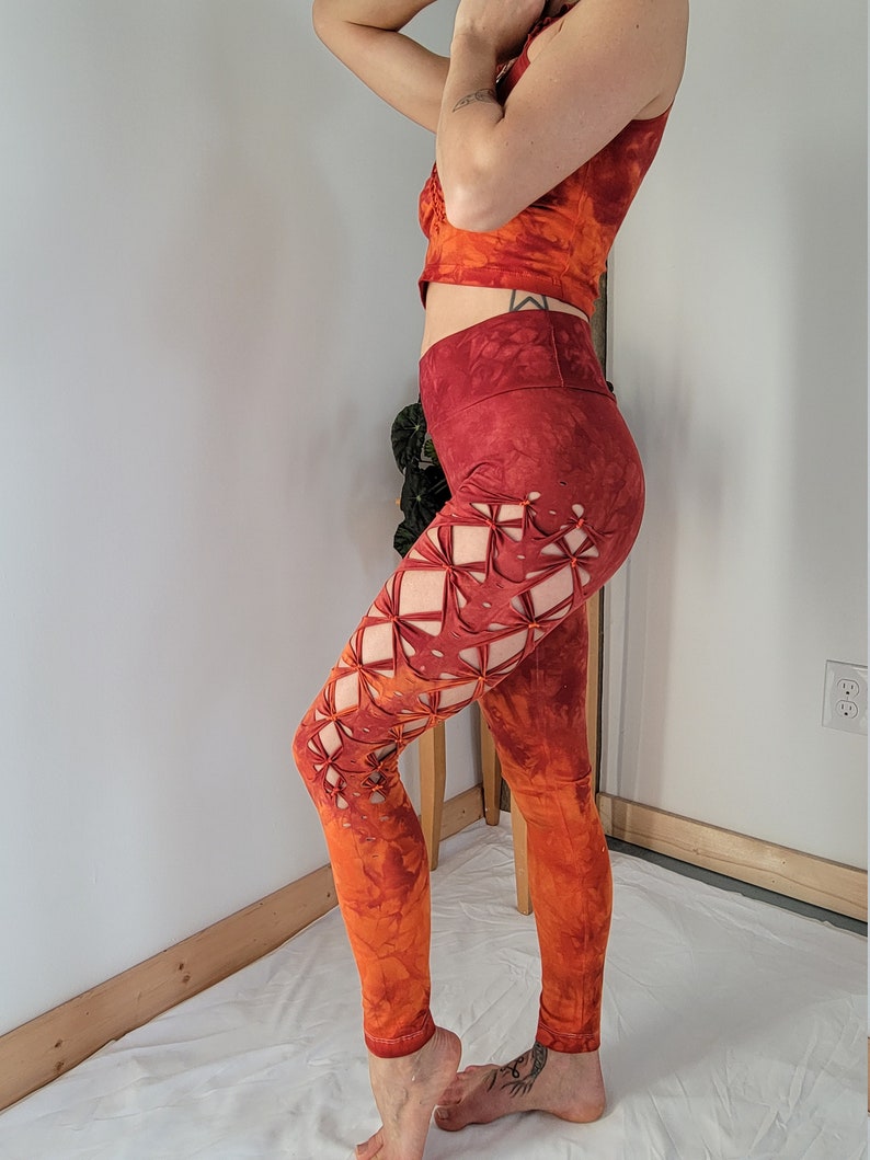 Fire Hand Dyed Yoga leggings slit weave braided leggings, hula hoop, fire arts image 5