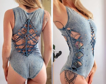 Acid Wash Ahimsa Braided bodysuit Yoga, Festival, dance, pole, hoop fashion, slit weave