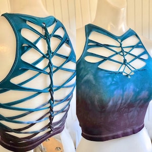 Blue Cherry Warrior Hand Dyed Crop Top Open back Yoga Tank
