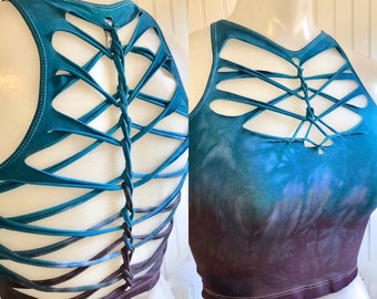 Blue Cherry Warrior Hand Dyed Crop Top Open back Yoga Tank