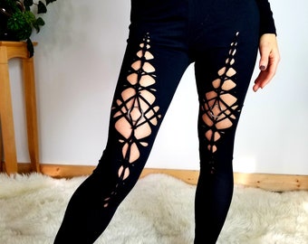 Apex Braided Yoga Leggings, boho, festival clothing, hoop fashion, ripped leggings, pole dance, slit weave