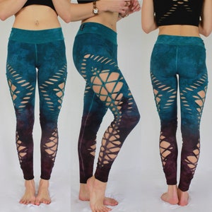 Yoga Braided Leggings, sexy women's leggings, Hand Dyed "Blue Cherry"