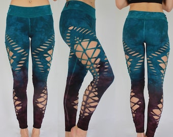 Yoga Braided Leggings, sexy women's leggings, Hand Dyed "Blue Cherry"