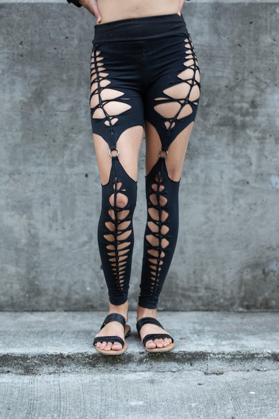 Garter Braided Yoga Leggings, Boho, Festival Clothing, Hoop Fashion, Ripped  Leggings, Pole Dance, Slit Weave 