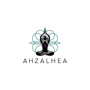 May include: A black silhouette of a person in a seated yoga pose with arms raised. A teal and white floral design is behind the person. A purple flame shape is on the person's chest. The word "AHZALHEA" is below the image.