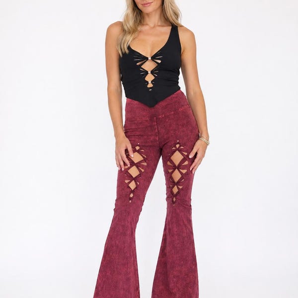 Cosmic Flares Ripped Yoga Pants - High Waisted Cotton Spandex Bell Bottoms for Festival Dance