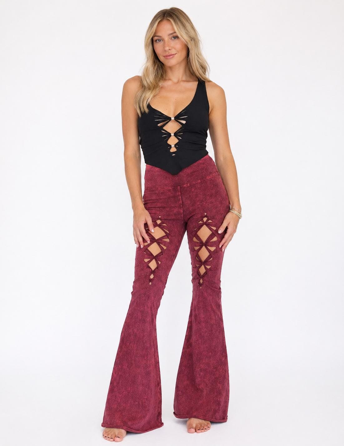 Cosmic Flares Ripped Yoga Pants - High Waisted Cotton Spandex Bell