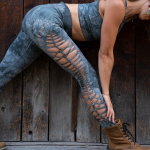 Pewter Yoga leggings Hand Dyed, fire safe, gift for her, hula hoop, slit weave image 2