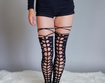 Braided leg warmers, slit weave thigh highs ,festival clothing, hoop fashion, ripped leggings