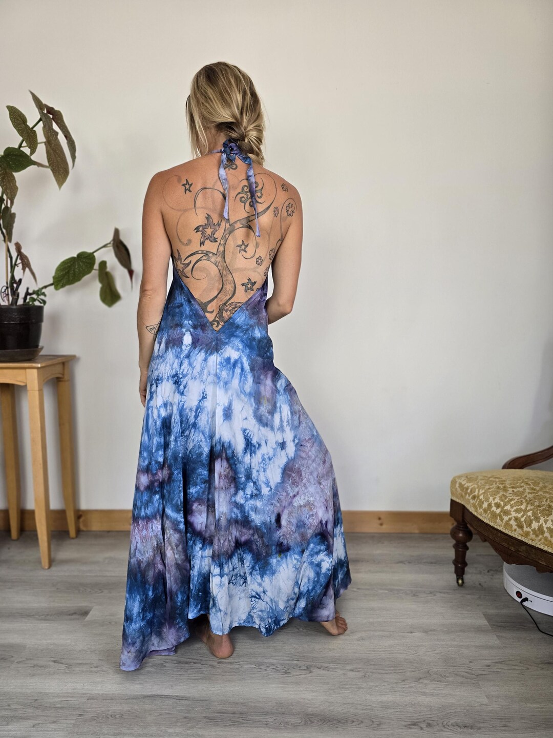 blue tie dye halter dress Duncan Halter Dress ~ Indigo Tie Dye