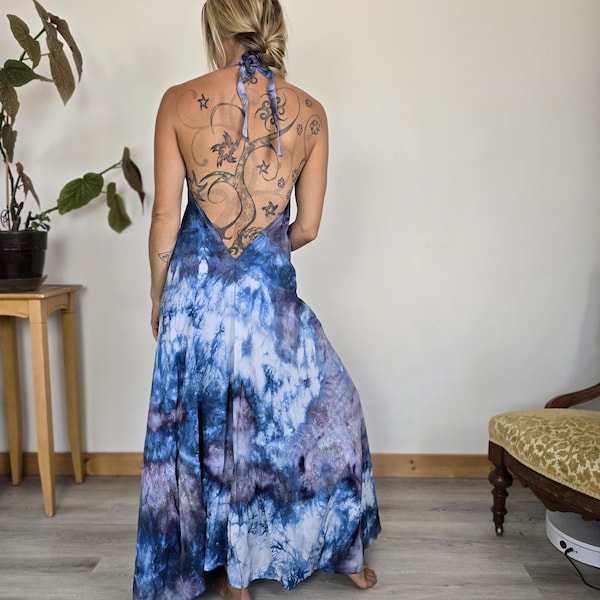 Abito con scollo all'americana in rayon tinto blu ghiaccio Wedgwood tinto a mano / Abito da festival con schiena bassa / Abito lungo estivo boho