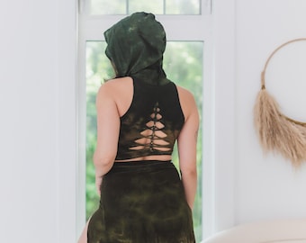 Hooded Electa Braided Crop Tank Top Hand Dyed Dark Green Sage with Gold Ring