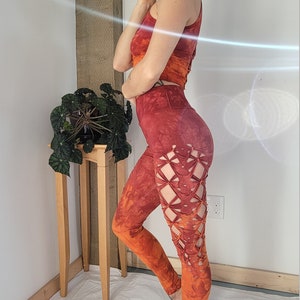 Fire Hand Dyed Yoga leggings slit weave braided leggings, hula hoop, fire arts image 6