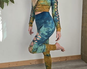 Hand Dyed Yoga Leggings: Amber Jade Slit Weave, Braided Design