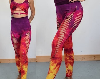 Lion Heart Yoga leggings Hand Dyed, fire safe, gift for her, hula hoop, slit weave