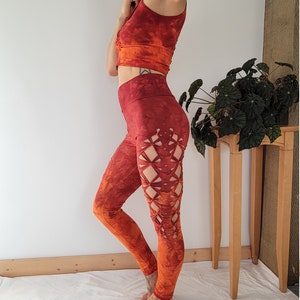 Fire Hand Dyed Leggings: Braided Slit Weave, Yoga Dance Pants