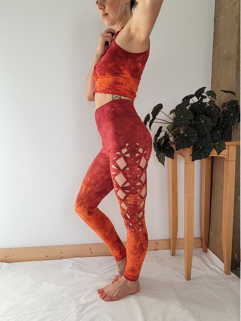 Fire Hand Dyed Yoga leggings slit weave braided leggings, hula hoop, fire arts image 1