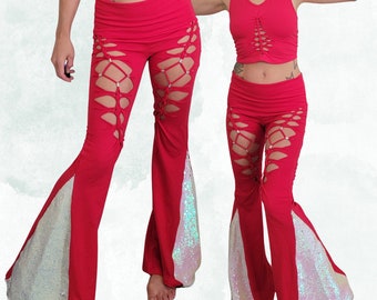 Pantaloni olografici con paillettes Flares Yoga Pants, pantaloni strappati, regalo per lei, festival,