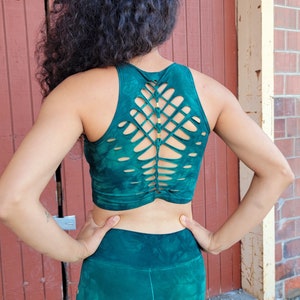 Blue Green Crop top Hand dyed Yoga Slit weave Fire hula hoop image 2