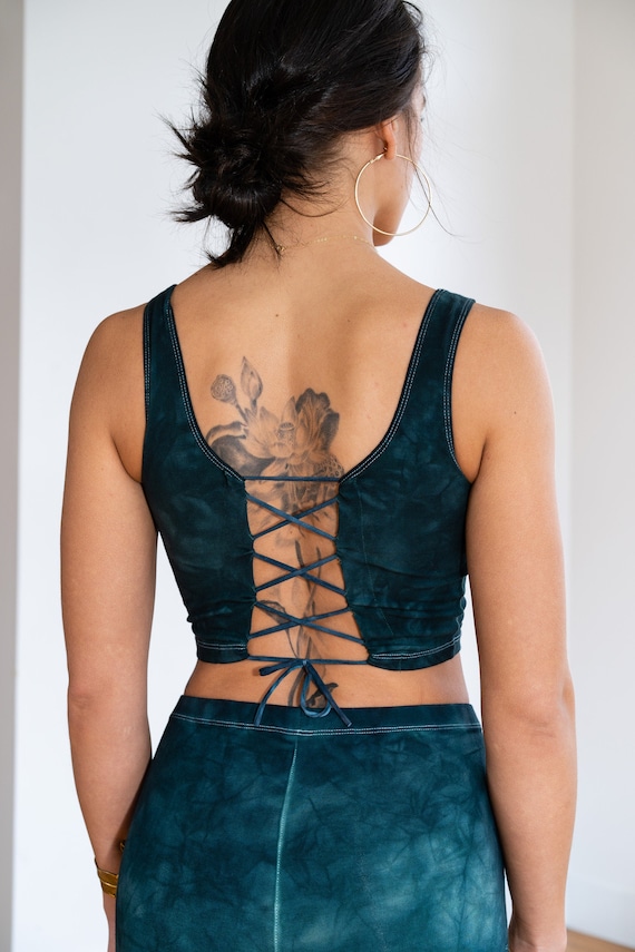 Deep Emerald Lace up Crop Top Open Back Yoga Tank -  Canada