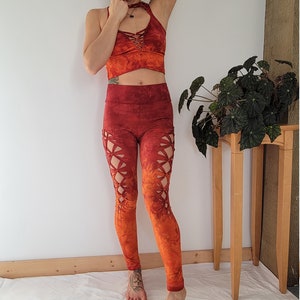 Fire Hand Dyed Yoga leggings slit weave braided leggings, hula hoop, fire arts image 2