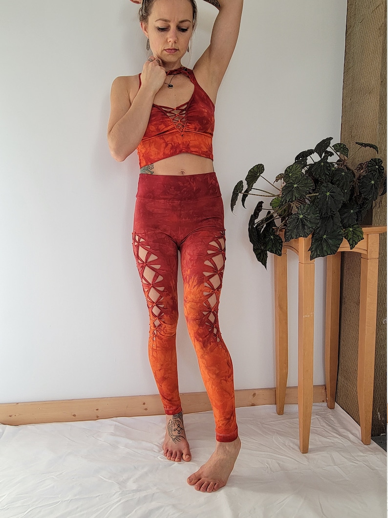 Fire Hand Dyed Yoga leggings slit weave braided leggings, hula hoop, fire arts image 2