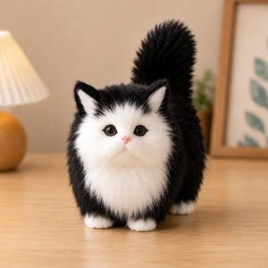 May include: A plush toy cat with black and white fur. The cat has a white face, chest, and paws, with black fur on its back, ears, and tail. It features large dark eyes, a small pink nose, and a fluffy, upright tail standing in a vertical position.