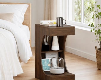 Curved Wood Side Table with Drawer | S Shape Sculptural End Table | Storage Nightstand for Bedroom Living Room