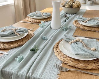Crinkle Cotton Gauze Table Runner, Boho Farmhouse Wedding Decor, Fringed Edge Dining Runner