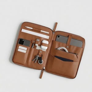Étui organisateur pour iPad en cuir véritable, pochette technique zippée intégrale