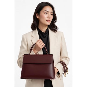 Burgundy Full-Grain Leather Satchel, Structured Trapezoid with Adjustable Crossbody Strap