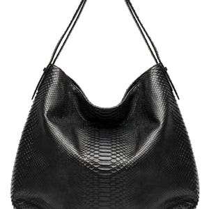 May include: A black hobo bag featuring a textured snakeskin pattern across the entire surface. The bag has a slouchy, rounded silhouette with a single integrated shoulder strap that connects to the sides of the main body.