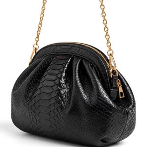 Black Python Clutch Bag with Gold Chain | Dumpling Shoulder Bag | Chain Crossbody Purse