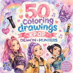 Pode incluir: Uma capa de livro de colorir intitulada 50 coloring drawings KPOP DEMON HUNTERS com três personagens ilustrados de cabelo rosa, roxo e preto, um bastão de luz, uma máscara de demônio, uma espada e um gato pequeno num fundo de arco-íris.