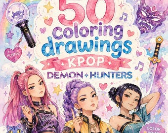 50 pagine da colorare di KPOP Demon Hunters per bambini e ragazzi | Libro da colorare anime stampabile | Simpatiche pagine da colorare Kawaii | Download PDF digitale
